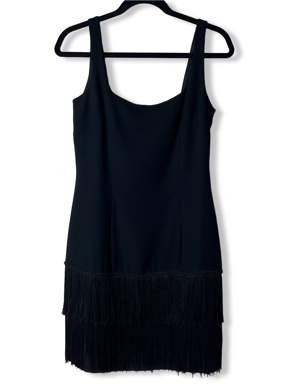 Donna Morgan Vintage 90s Black Fringe Hem Tiered Cocktail Mini Dress Sz 6